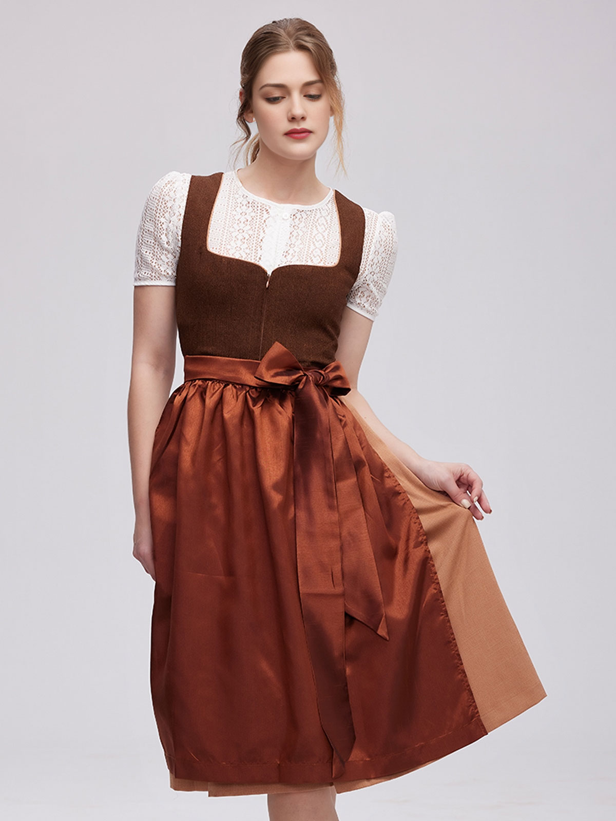 Modernes Dirndl mit V-Ausschnitt in Braun